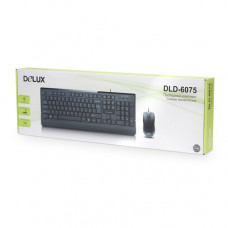 Комплект Клавиатура + Мышь, Delux, DLD-6075OUB, Оптическая Мышь, 1000DPI, USB, Анг/Рус/Каз, Длина кабеля 1,6 метра, Чёрн